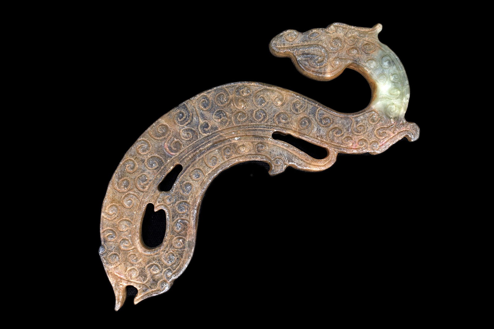 Vintage 1980s Oriental Pendant With Celestial Dragon, Hand Carved Pale Jadeite Stone, Chinese Zodiac: Dimensions Length 4.3 inches. Weight 47.65 grams. All measurements are approximate. NO material was tested or verified. Vintage 1980s Pale Jadeite Like Pendant With Celestial Dragon Or A Very Abstract