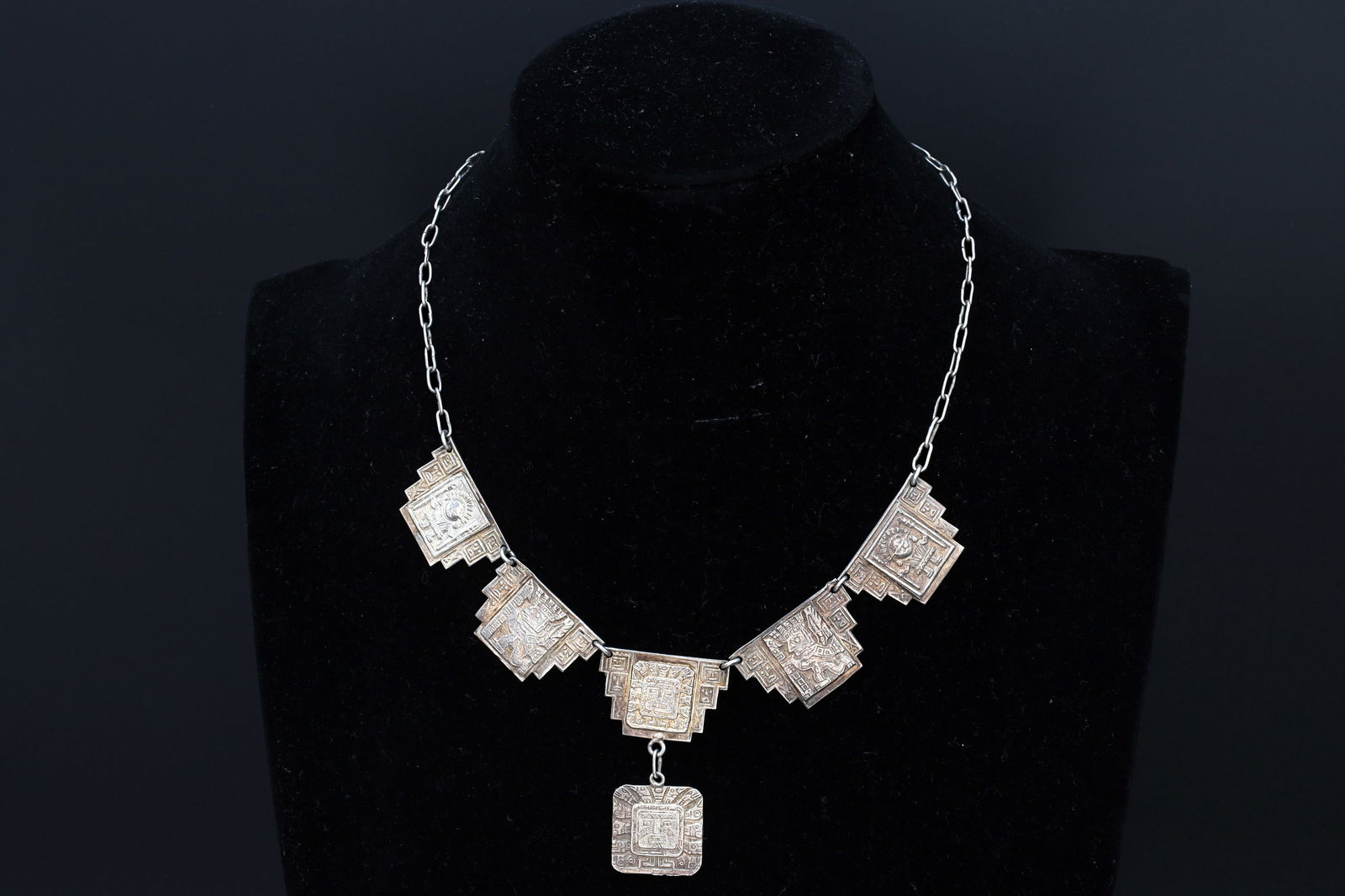 Art Deco Inca Quechua Bib Necklace, God Inti Native American, 900 Silver Vintage Fashion Jewelry: Dimensions, Wearable Length 14.5 inches. All measurements are approximate. Sold as is. Art Deco Inca Quechua Bib Necklace, God Inti Native American, 900 Silver Vintage Jewelry From Latin America, Lati