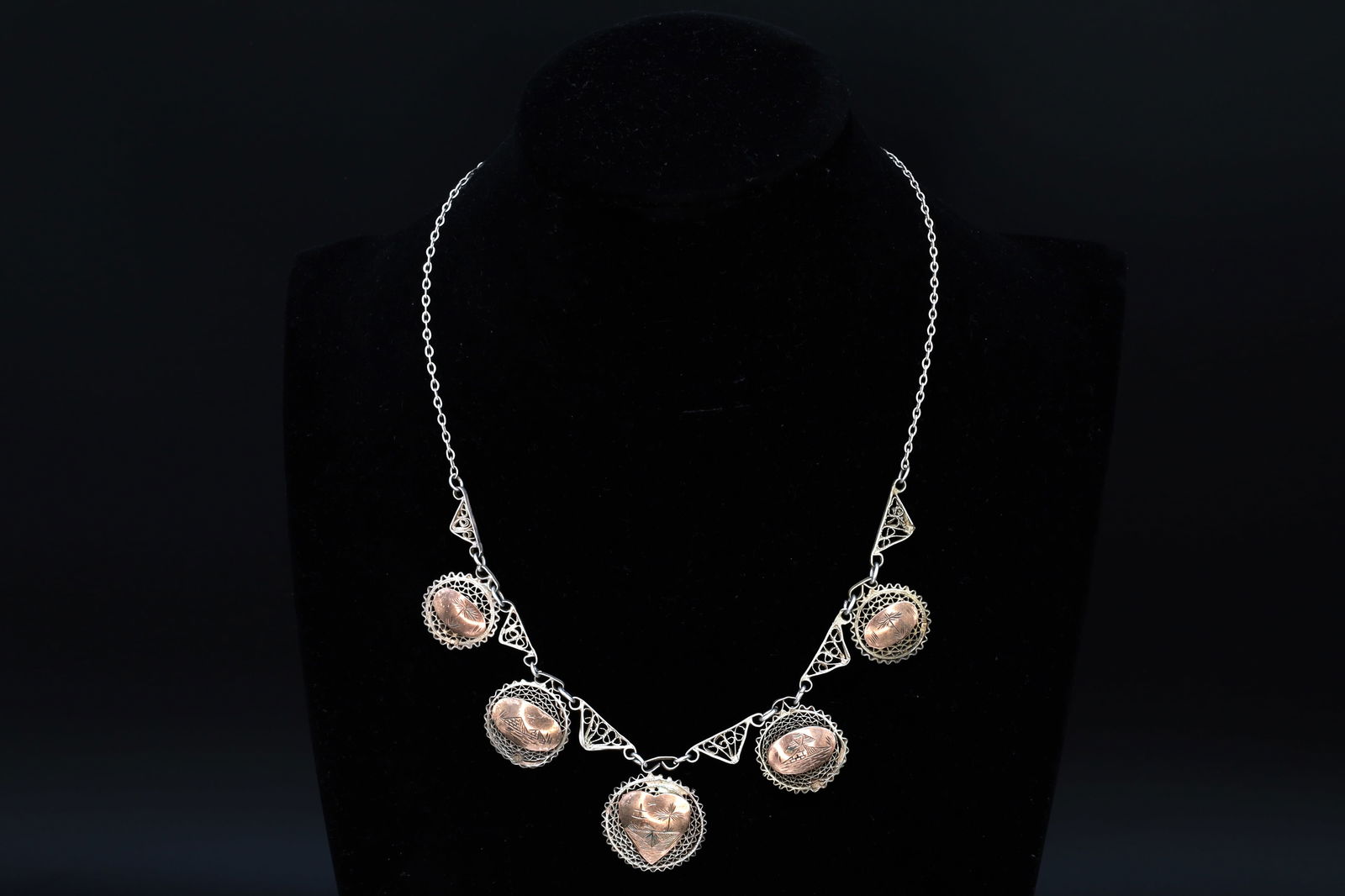Art Deco Egypt Bib Necklace, 900 Silver And Rose Gold Wash, Filigree Wirework Medallions, Fashion: Dimensions, Wearable Length 16 inches. All measurements are approximate. Sold as is. Art Deco Egypt Bib Necklace, 900 Silver And Rose Gold Wash, Filigree Wirework Medallions, Fashion Accessories. Nort