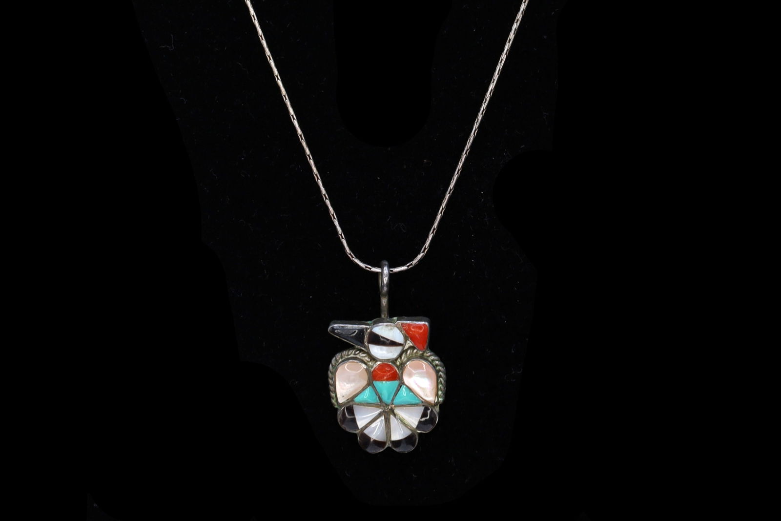 Zuni Thunderbird Pendant Necklace, Mosaic Multistone Inlay, Turquoise, MOP, Coral On Sterling Silver (1 of 5)