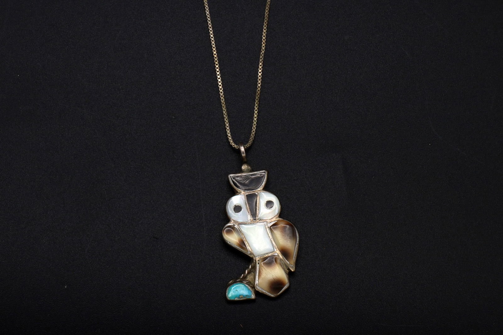 Zuni Owl Bird Pendant Necklace, Mosaic Multistone Inlay, Turquoise, MOP, Onyx On Sterling Silver (1 of 4)