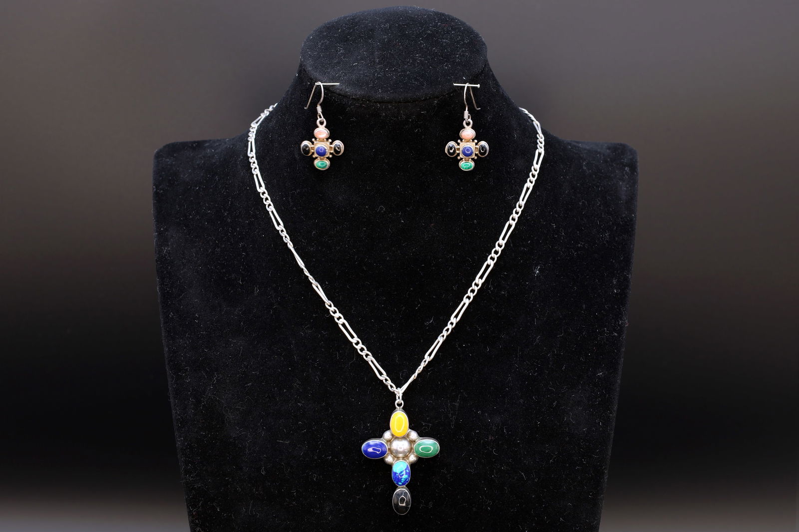 Multi Color Gemstones Jewelry Set, Modernist Cross Pendant Necklace And Dangle Earrings, Sterling (1 of 4)