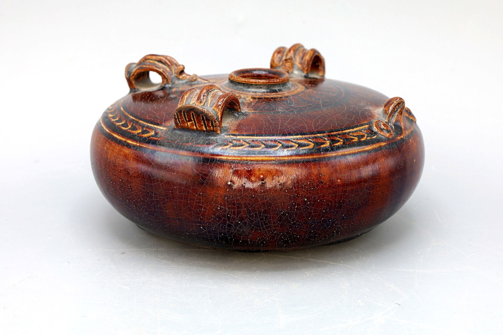 Mid Of The 20th Century Khmer Ceramic Lime Pot, In The Angkor Yashodharapura Empire Glazed Pottery: Dimensions: 15,5 cm x 8 cm, All measurements are approximate. Sold exactly as pictured. Beautiful Art Piece, Dated With Approximation As Early To Mid Of The 20th Century. An Accurate Reinterpretation