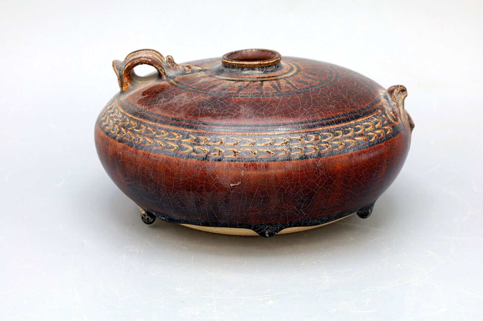 Mid Of The 20th Century Khmer Ceramic Lime Pot, In The Angkor Yashodharapura Empire Glazed Pottery: Dimensions: 15,5 cm x 8 cm, All measurements are approximate. Sold exactly as pictured. Beautiful Art Piece, Dated With Approximation As Early To Mid Of The 20th Century. An Accurate Reinterpretation