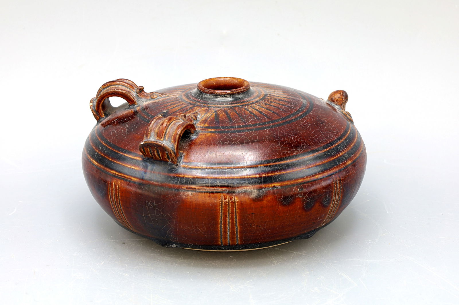 Mid Of The 20th Century Khmer Ceramic Lime Pot, In The Angkor Yashodharapura Empire Glazed Pottery: Dimensions: 16 cm x 8 cm, All measurements are approximate. Sold exactly as pictured. Beautiful Art Piece, Dated With Approximation As Early To Mid Of The 20th Century. An Accurate Reinterpretation Of
