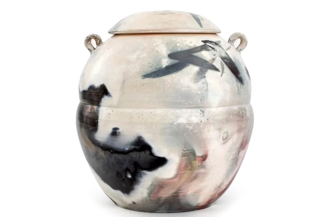 Andre Namenek, Abstract Contemporary Design Art Pottery Covered Jar, 1989 Signed. A Round Brutalist: Andre Namenek (American, Based In Virginia), An Abstract Contemporary Design Art Pottery Covered Jar, Dated 1989, Signed. A Round Brutalist Modernist Jar With A White And Blue Glaze And Two Molded Han