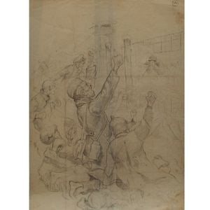 Ephemera of Nazi Germany. Three original pencil drawings.: Ephemera of Nazi Germany. Three original pencil drawings. At least one with SS soldier man handling a prisoner, and one showing a man and woman having been hung, on the rear of cutup map. Very sensiti