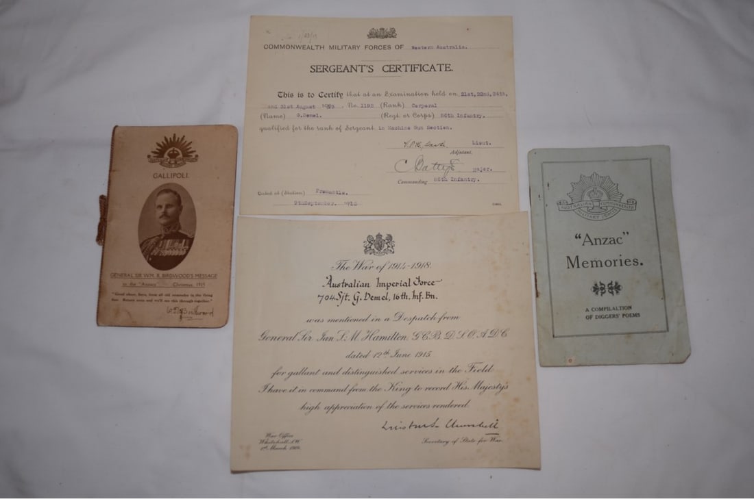 Australian WW1 Mentioned in Despatches certificate.: The original Mentioned in Despatches certificate issued to 704, Sergeant G. Demel of the 16 Infantry Battalion, Australian Imperial Forces. Includes booklets and card from same period.