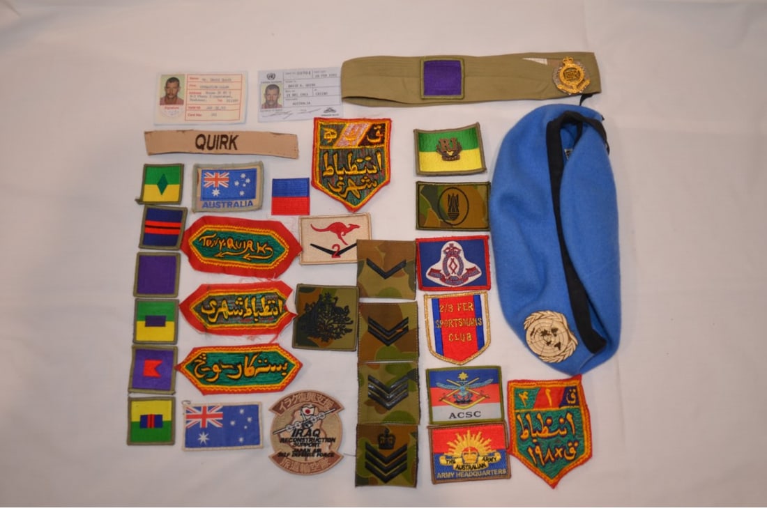 Australia, collection of badges brought back from Afghanistan.: Various badges as brought back to Australia from deployment to Afghanistan straight after the Russian withdrawal by SGT Tony Quirk, Royal Australian Engineers.