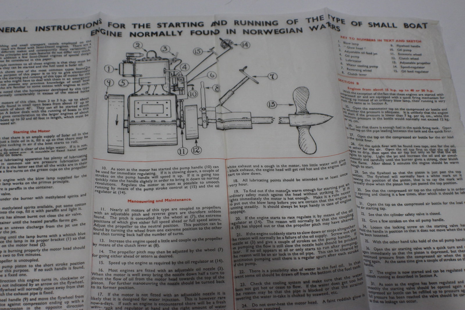 Starting instructions for small Norwegian boats: Written on tissue paper for concealment in lining of clothing. Gives full instructions for how to start most petrol/diesel motor boats.