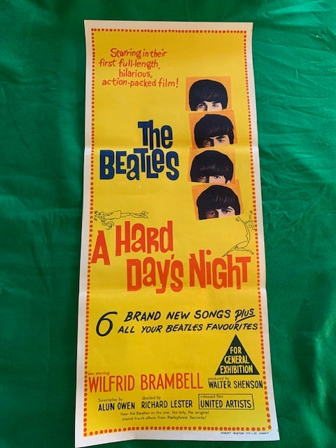 Original Australian Daybill - The Beatles - A hard Days Night: A Hard Day's Night is a 1964 musical comedy film starring the English rock band the Beatles John Lennon, Paul McCartney, George Harrison and Ringo Starr during the height of Beatlemania. Directed by R