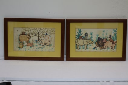 Pair of watercolor animal paintings signed Monahau