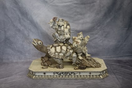 Oriental Hand Carved Turtle with Fishermen