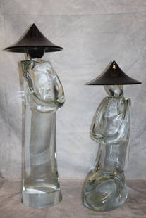 Pino Signoretto Murano Glass Asian Figures: Italian Murano art glass signed by Pino Signoretto Dimensions: H:27in D:9in, H:21in D:8 1/2in