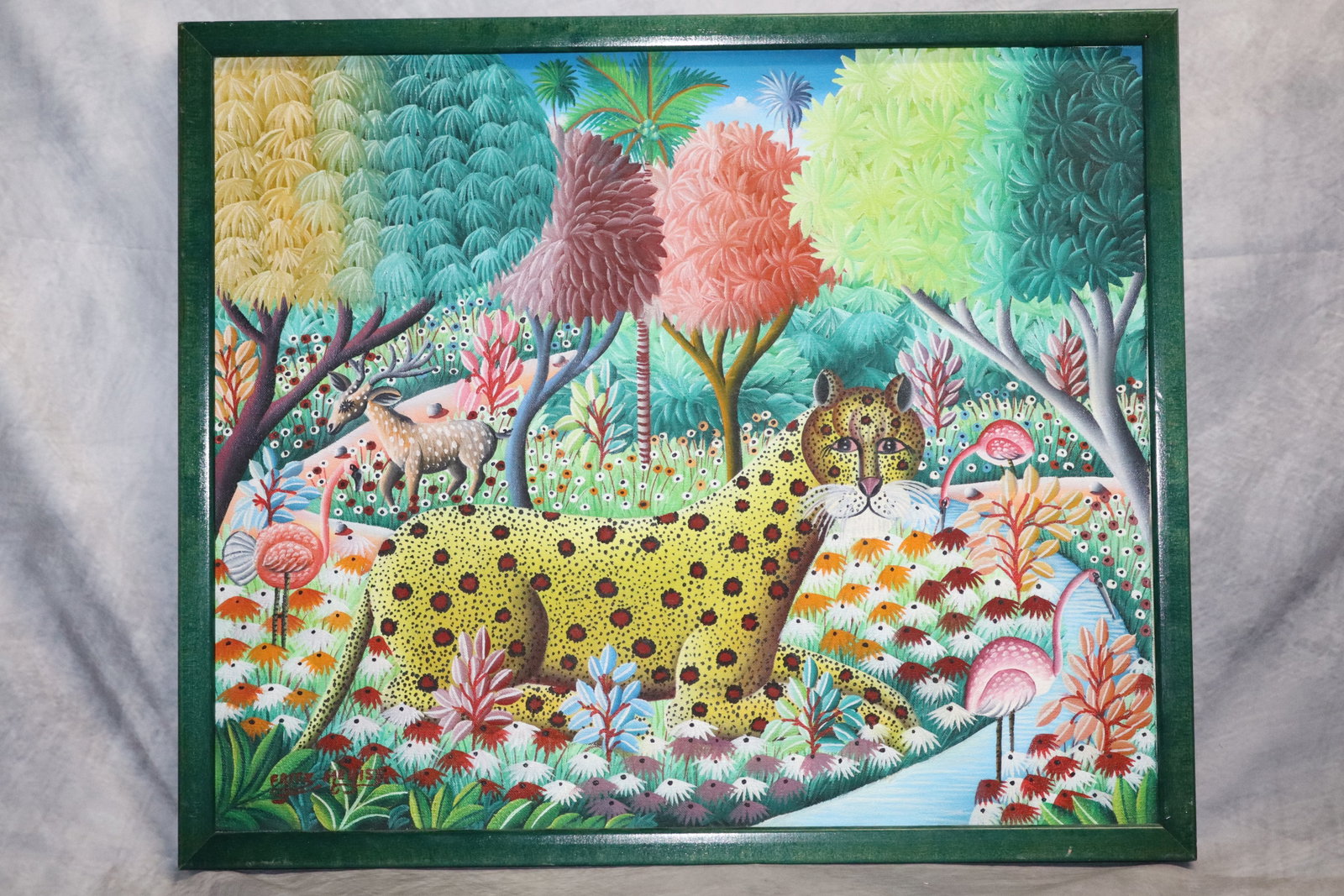 Fritz Merise (Hatian, B.1946) Oil Painting: Colorful Jungle Scene, signed by Hatian artist Fritz-Merise. Dimensions: H:21in L:25in