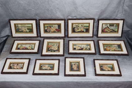 Set of 12 Indian Mughal Miniature Kama Sutra Panel Painting