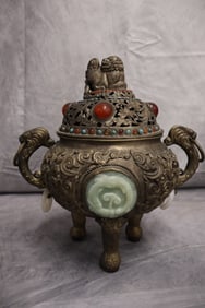 Chinese Metal Urn/ Incense Burner, semiprecious stones