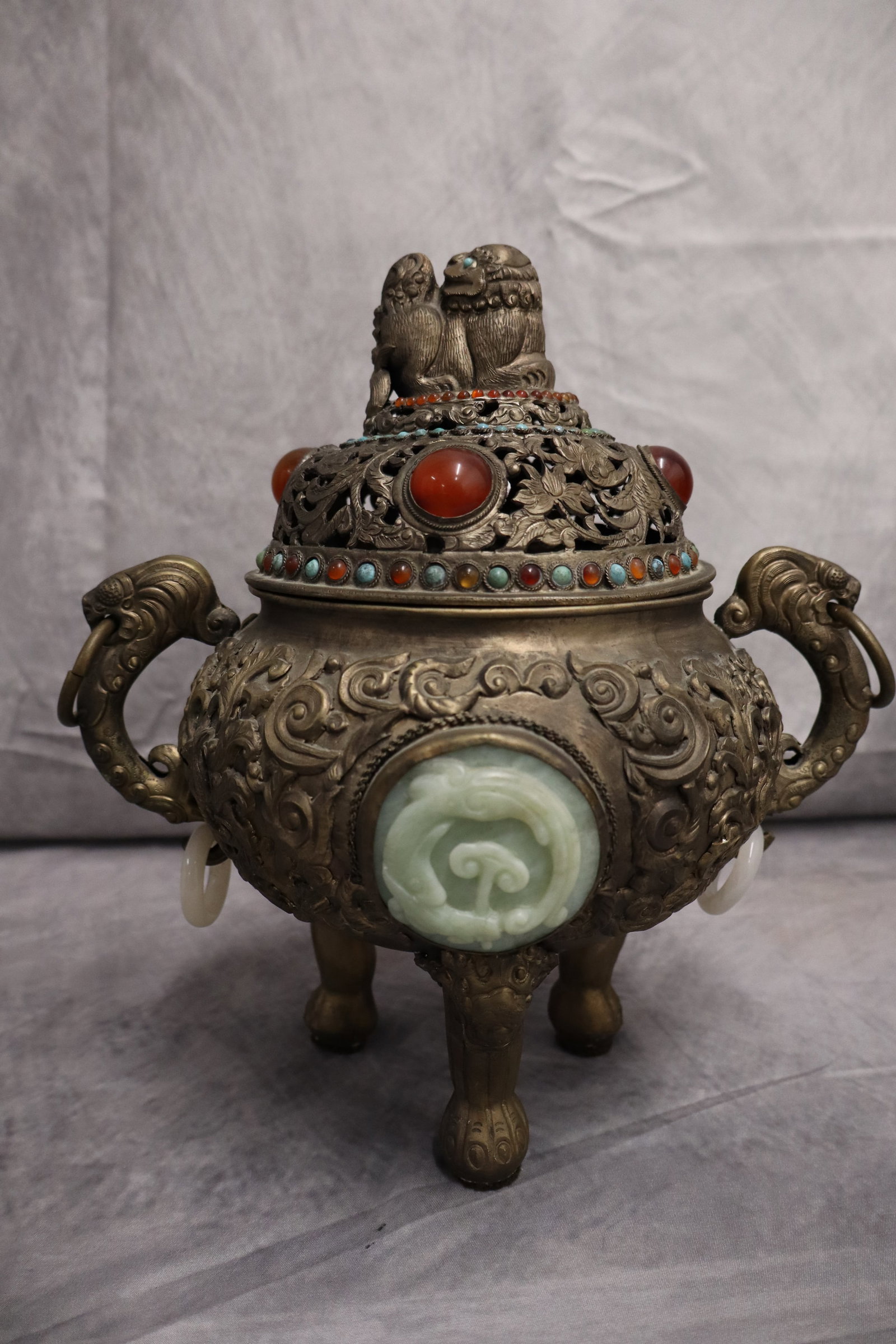 Chinese Metal Urn/ Incense Burner, semiprecious stones (1 of 8)