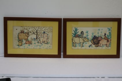 Pair of watercolor animal paintings signed Monahau