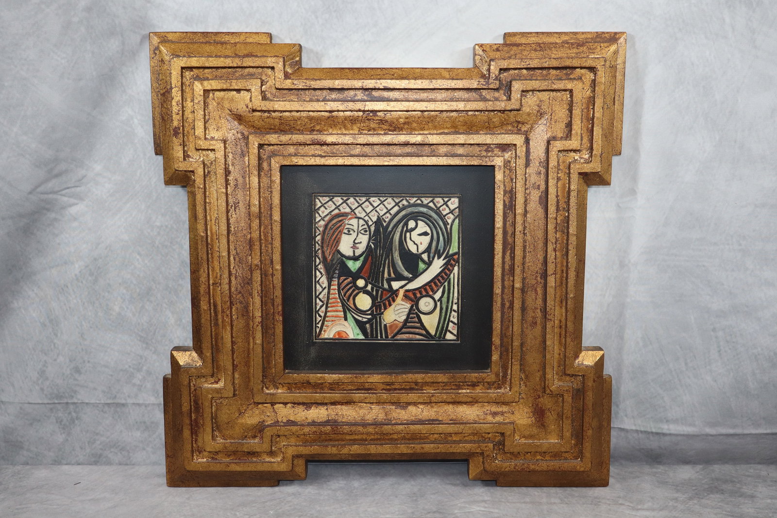 "Girl Before a Mirror" Pablo Picasso Style Carving in Stunning Wood Frame: Extremely unique piece showcasing Picasso's work in custom frame. Dimensions: Full Frame: 20X20, Picture itself: 9X9
