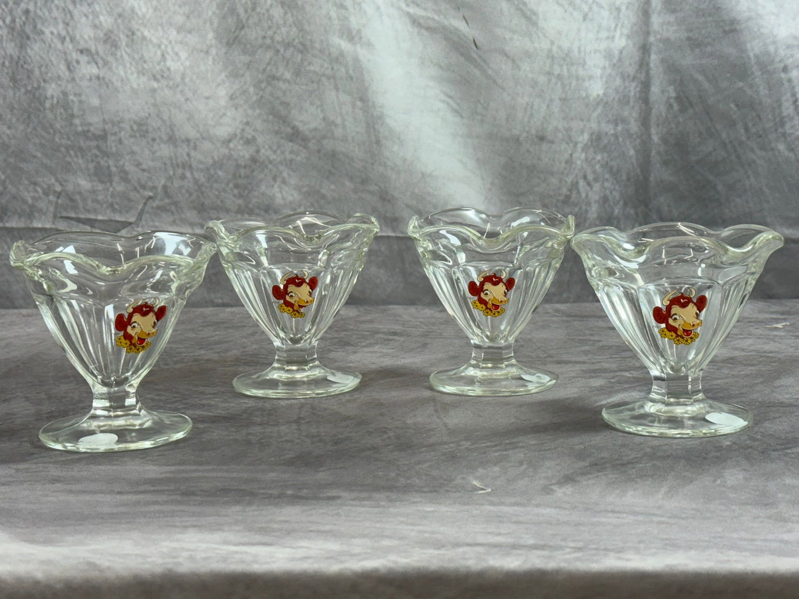 "Elsie the Cow" Glass Ice Cream Glasses: "Elsie the Cow" glass ice cream glasses, H4in Dia4in approx
