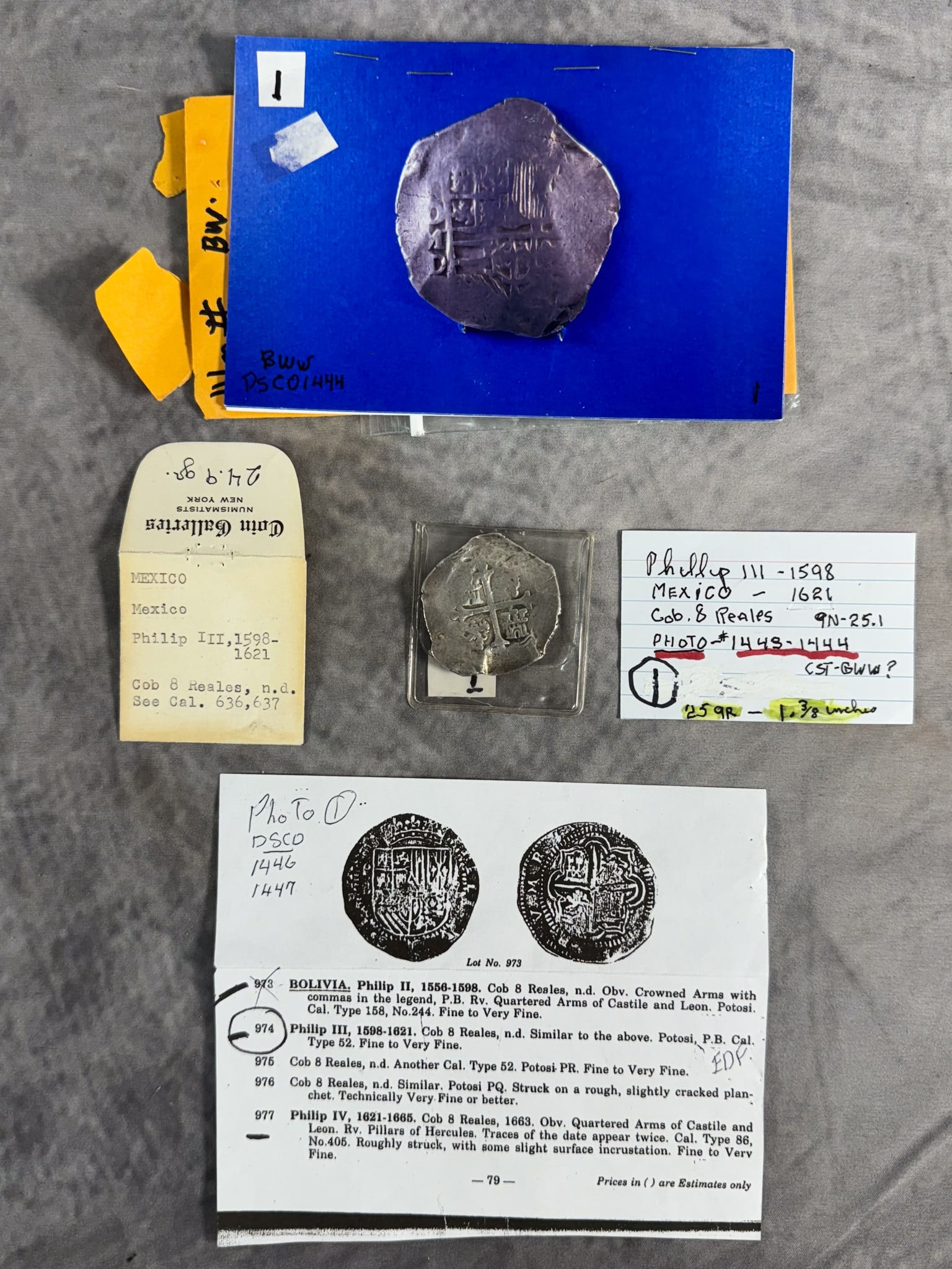8 Reales Silver Cob coin: 8 Reales silver coin from the 1622 Atocha fleet wreck. Weight: 25g