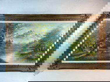 Oil on Canvas Mountain Scene Landscape Painting by R. Scott