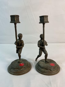 Bronze Oriental Candle Holder Pair – Antique Warrior Figures