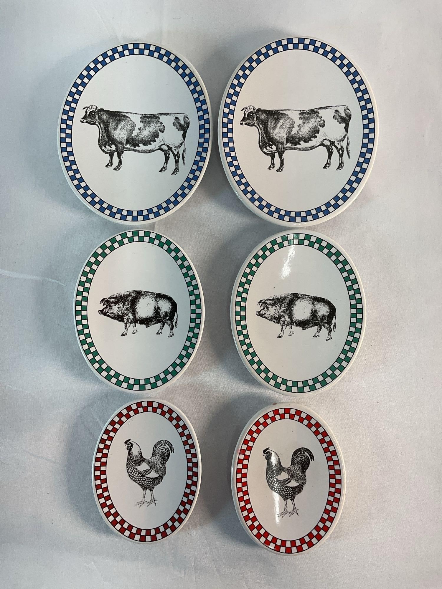Checkerboard Animal Plates - set of 6: Set of 6 plates: Cows, Pigs & Roosters. 5”, 4” and 3” long * No markings on back