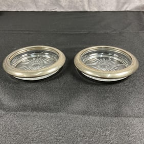 Pair of Silver & Crystal Vintage Leonard Italy Coasters/ Ashtrays