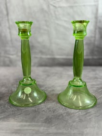 Art Deco Green Glass Candle Sticks