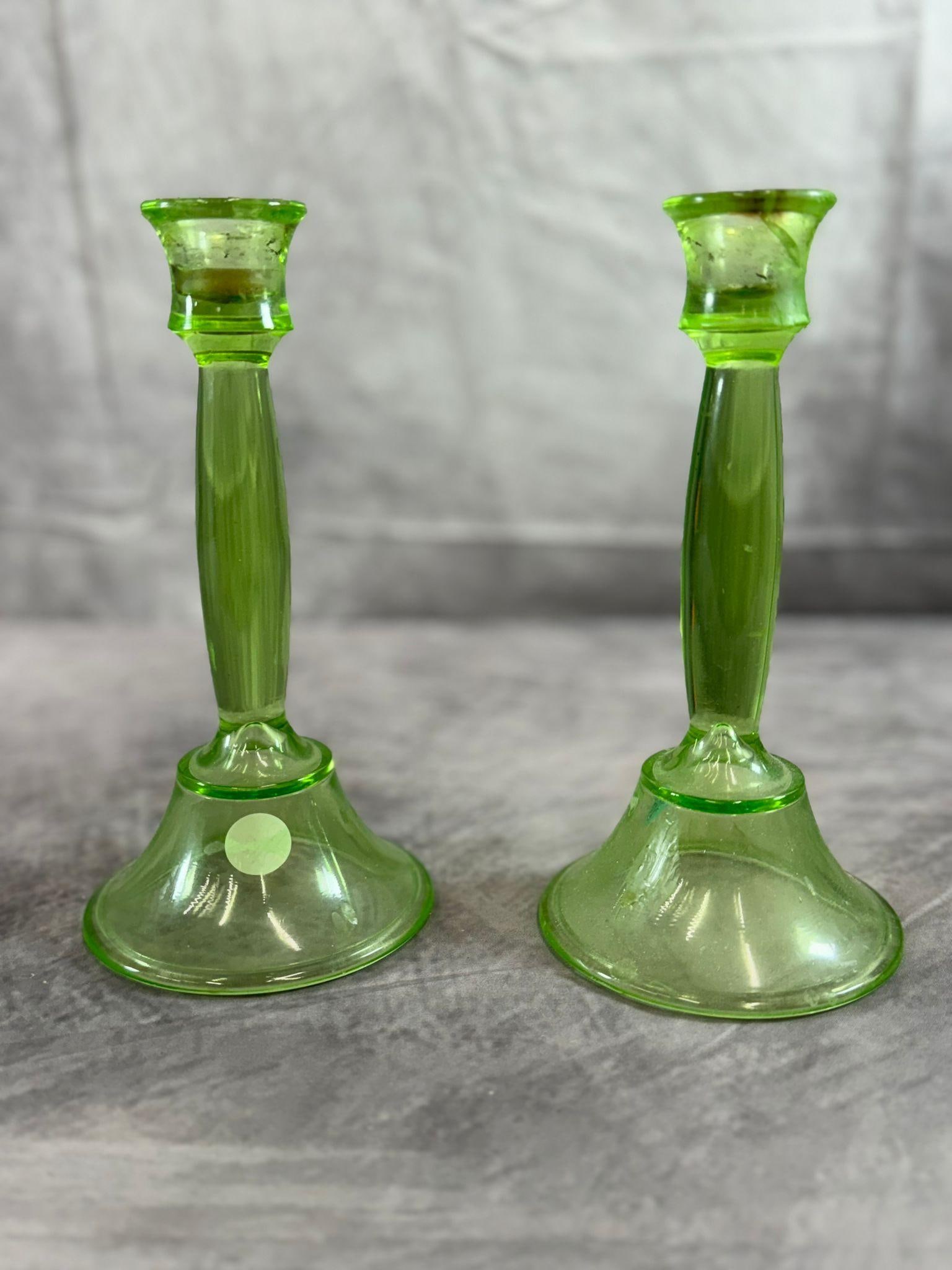 Art Deco Green Glass Candle Sticks: Antique Green glass candle sticks, H9in Dia4in approx
