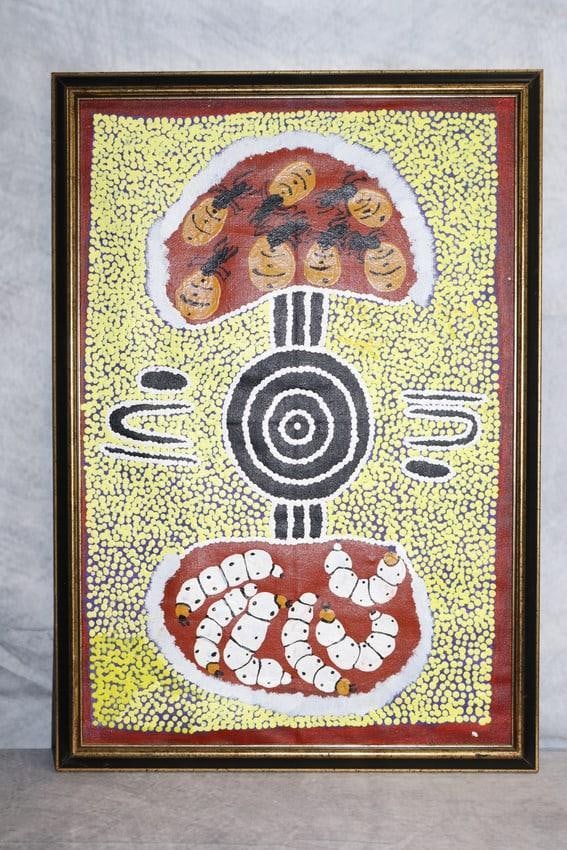 Mary Nabljarrie(Aboriginal) Oil on Canvas: "Woman digging for honey ants, for witchy grubs" oil on canvas painting by Australian Aboriginal artist Mary Nabljarrie. Dimensions: H:17in L:12in