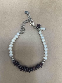 Pearl and Garnet Beaded Bracelet with Sterling Silver Clasp