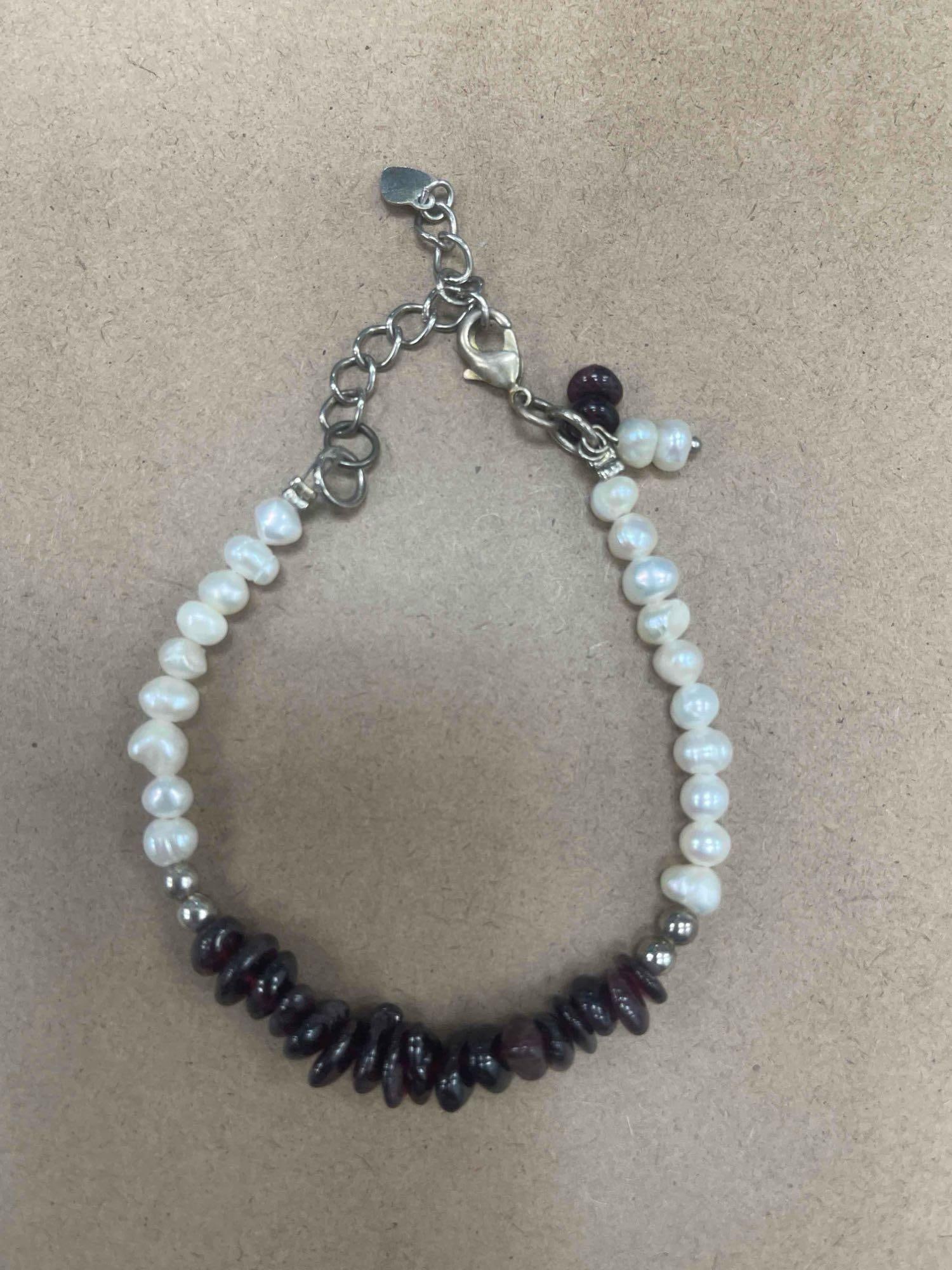 Pearl and Garnet Beaded Bracelet with Sterling Silver Clasp (1 of 3)