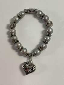 Silver-Toned Heart Charm Bracelet with Pearls