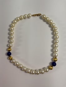 Retro Napier Pearl Necklace with Gold and Blue Beads