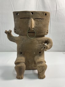 Seated Terracotta Figurine with a Rectangular-Shaped Head - Pre-Columbian