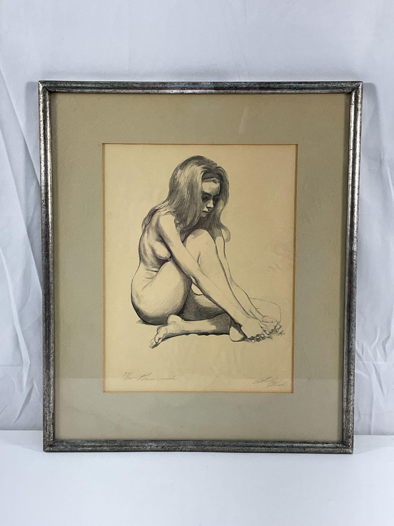 Nude Woman Etching Sheldon "Shelly" Fink: Black and white nude woman etching, numbered 11/25 and signed on the bottom right. Medium: Etching Dimensions: H17in W14in approx