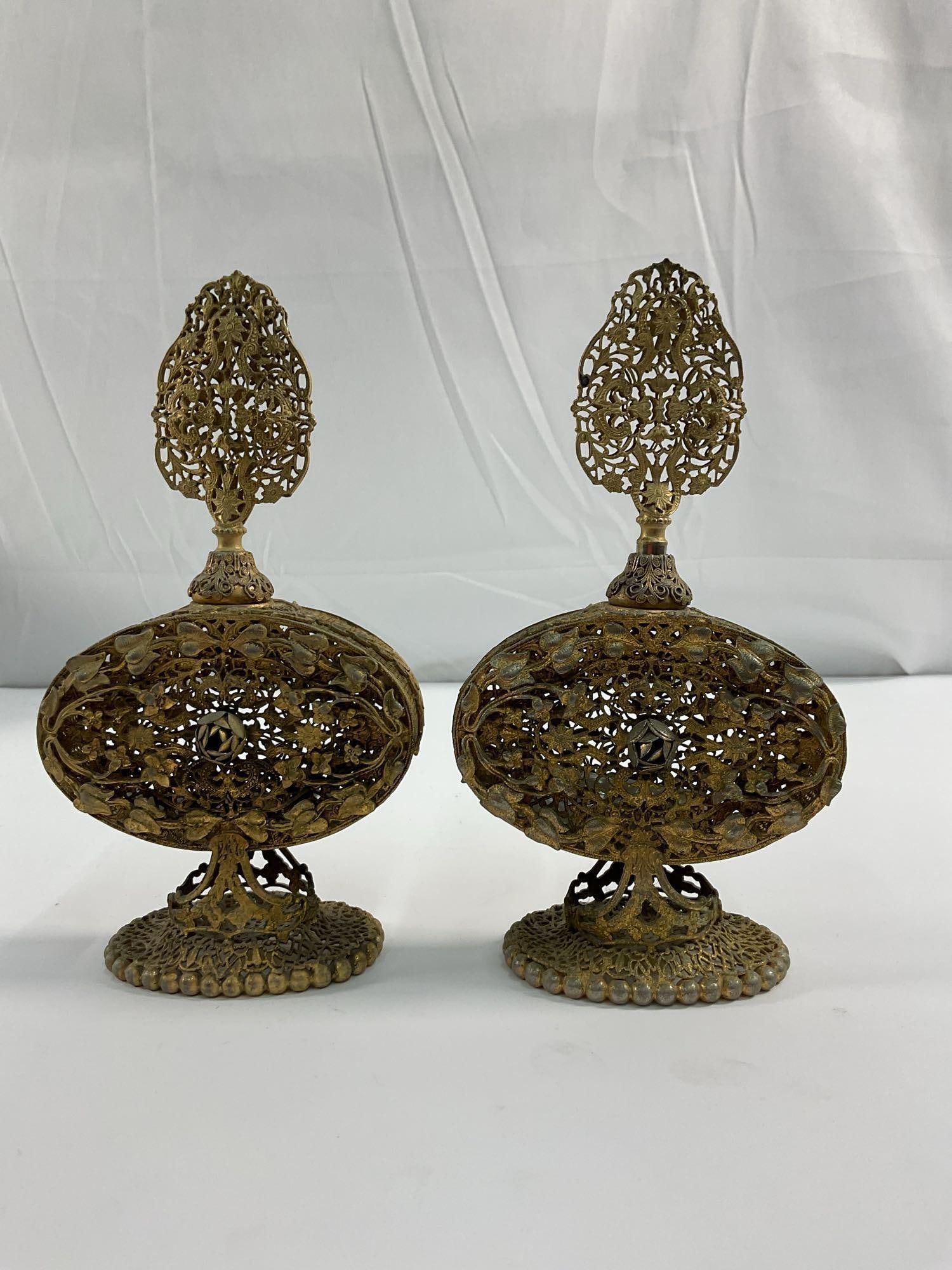 Antique Intricate Brass Filigree Perfume Bottles (1 of 3)