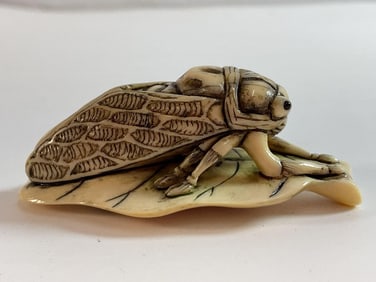 Antique Japanese Netsuke - Cicada Resting on a Leaf