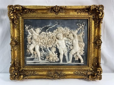 Antique Neoclassical Bas-Relief Plaque with Cherubs in Gilded Frame