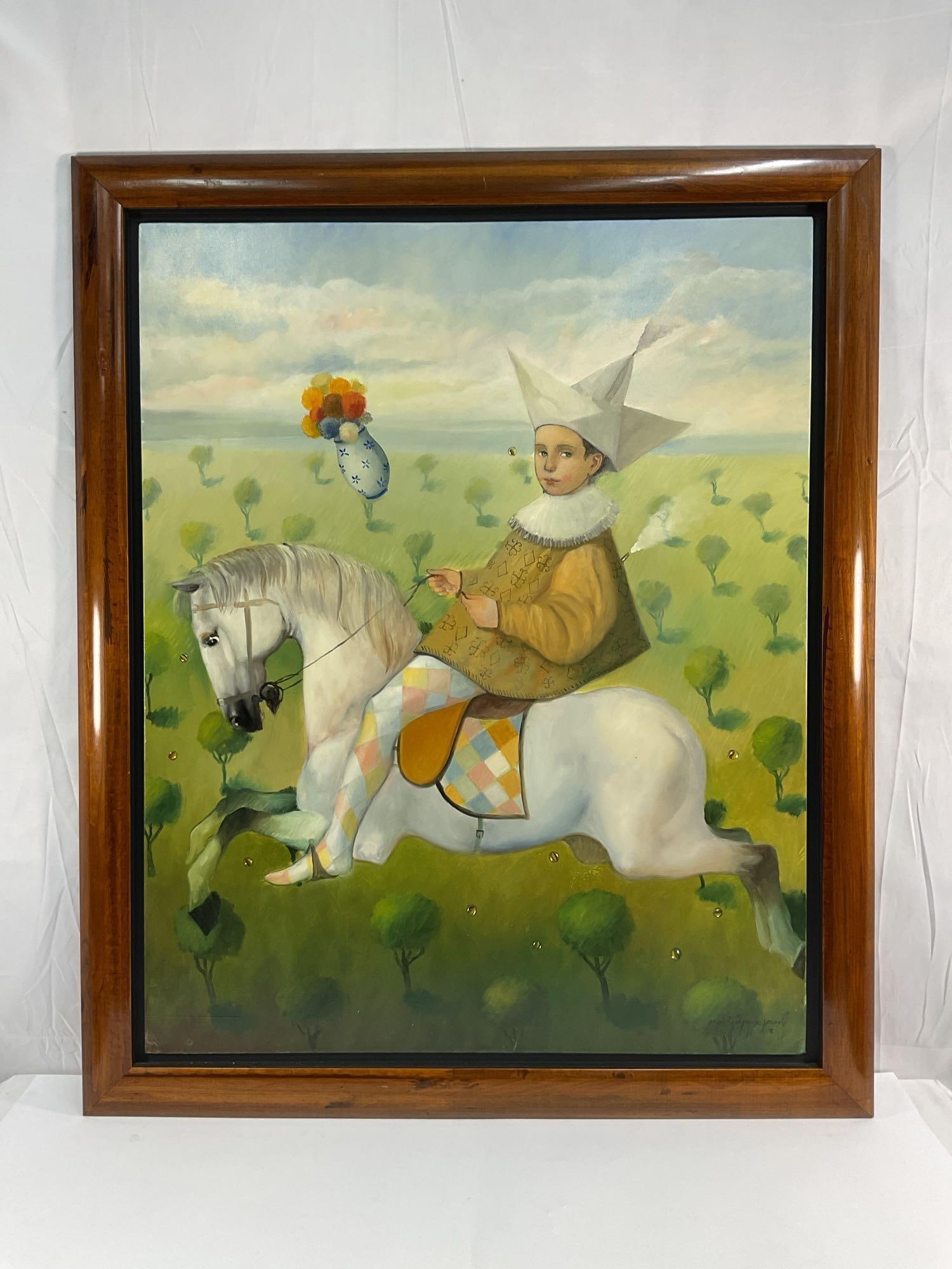"The Dreamlike Rider" by Alexis R Fernandez(Venezual, b.1969): “The Dreamlike Rider” by Venezuelan artist Alexis R. Fernandez is an oil on canvas painting measuring approximately 38 x 46 inches. The painting features a whimsical and surreal portrayal of a