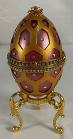 Decorative Egg Music Box, Faberge Style - Pink & Gold Hex