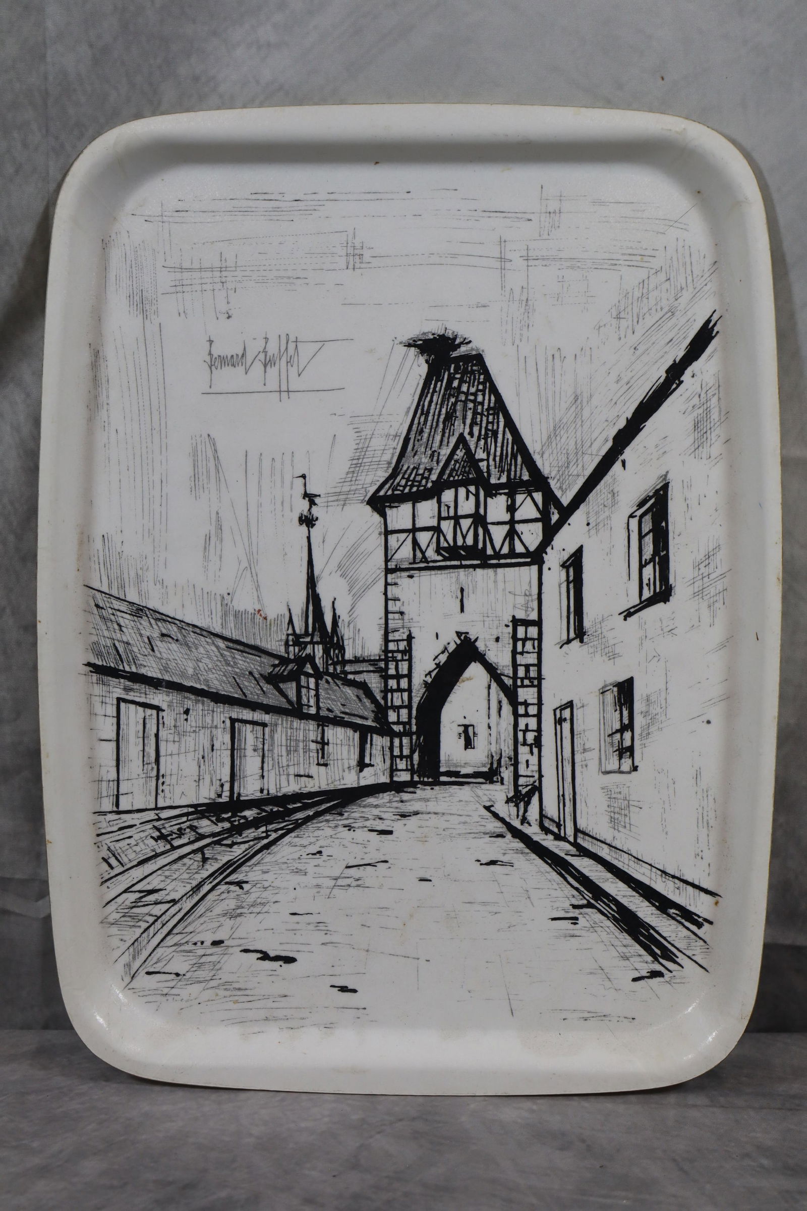 Bernard Buffet Etching, Moded Fibrilla Fiberglass Tray: Fiberglass tray, Bernard Buffet etching H18in L14in W1in