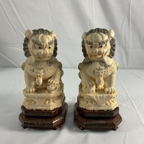 Pair of Chinese Foo Dog Guardian Lion Statues on Wooden Bases