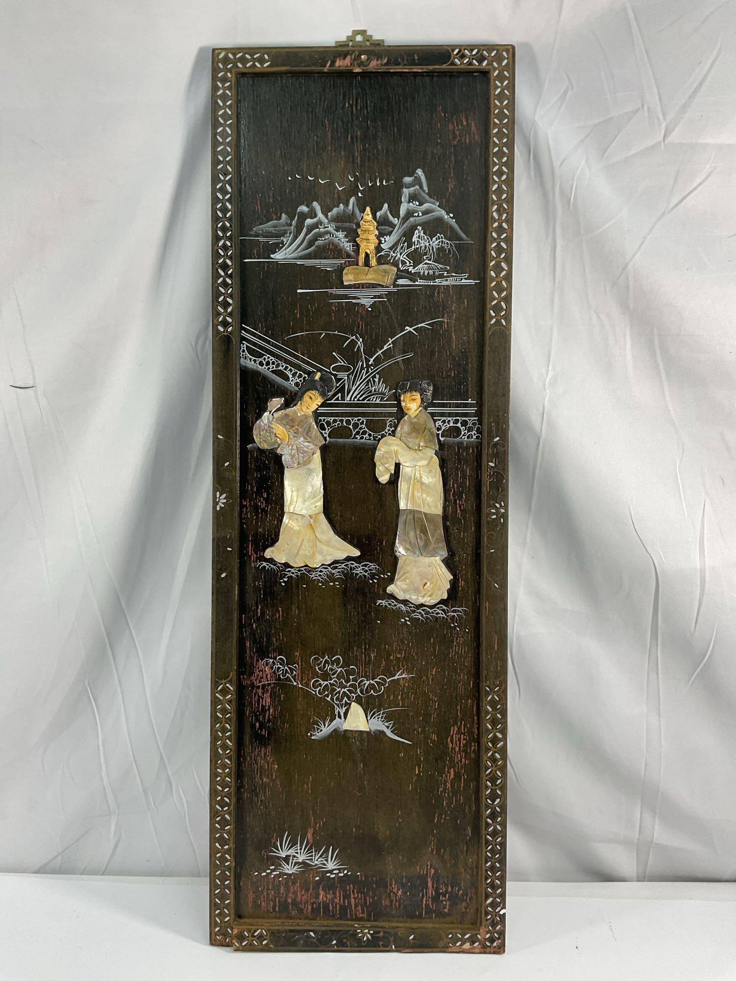 Chinese Lacquered Wall Panel with Mother-of-Pearl and Soapstone Inlay (1 of 3)