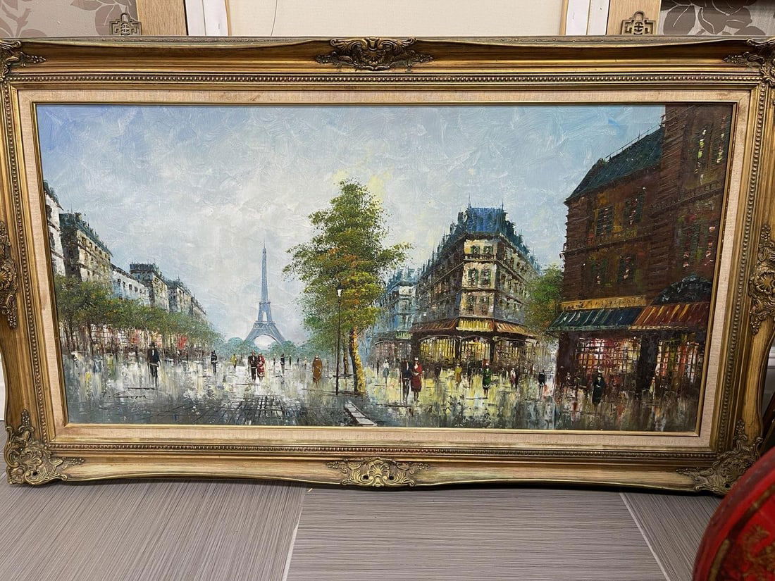 Large Vintage Paris Street Scene Oil Painting (1 of 4)