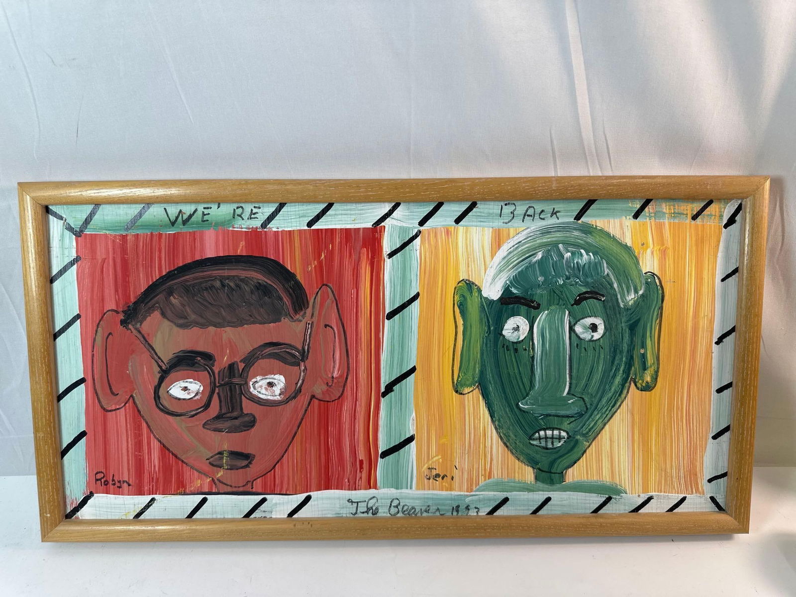 "We're Back" By Robyn "The Beaver" Beverland (American, 1957-1998) Oil on Board: Original artwork by Florida native artist Robyn Beverland aka "The beaver". The piece is signed and dated on the lower center 1993. Medium: Oil on board Dimensions: H:12.5in W:25in Approximately