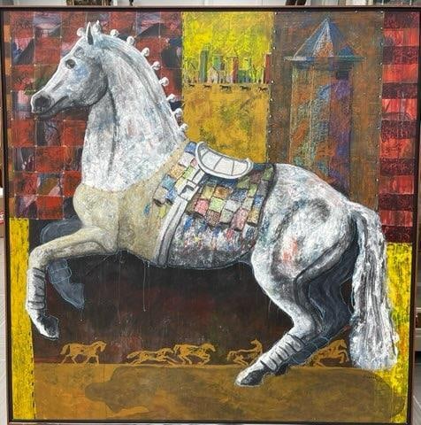 "Serie El Rilinchon" by Yovanny Saracual(Venezual, b.1968) Acrylic on Canvas: “Serie El Rilinchon” by Yovanny Saracual is a large-scale painting. A dynamic and energetic composition, likely featuring movement, possibly through equestrian or animal themes. Given the arti